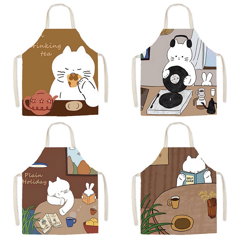 Home Cooking For Cats - Tablier imprimé chat blanc mignon, tablier